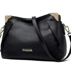 FOXER Black Genuine Leather Crossbody Bag Gold Fox Decor
